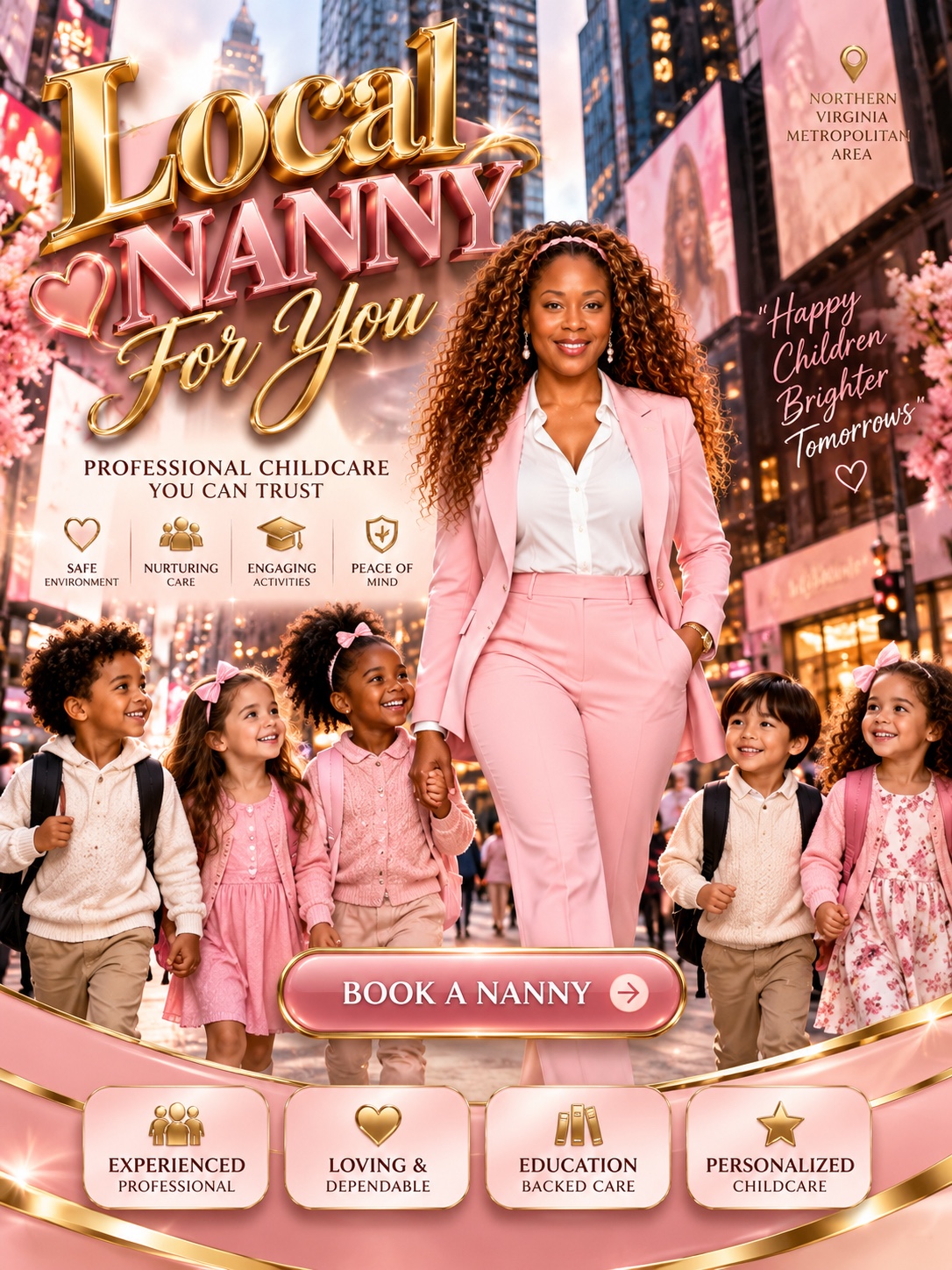 LocalNanny4u standing in a blush-pink suit with children