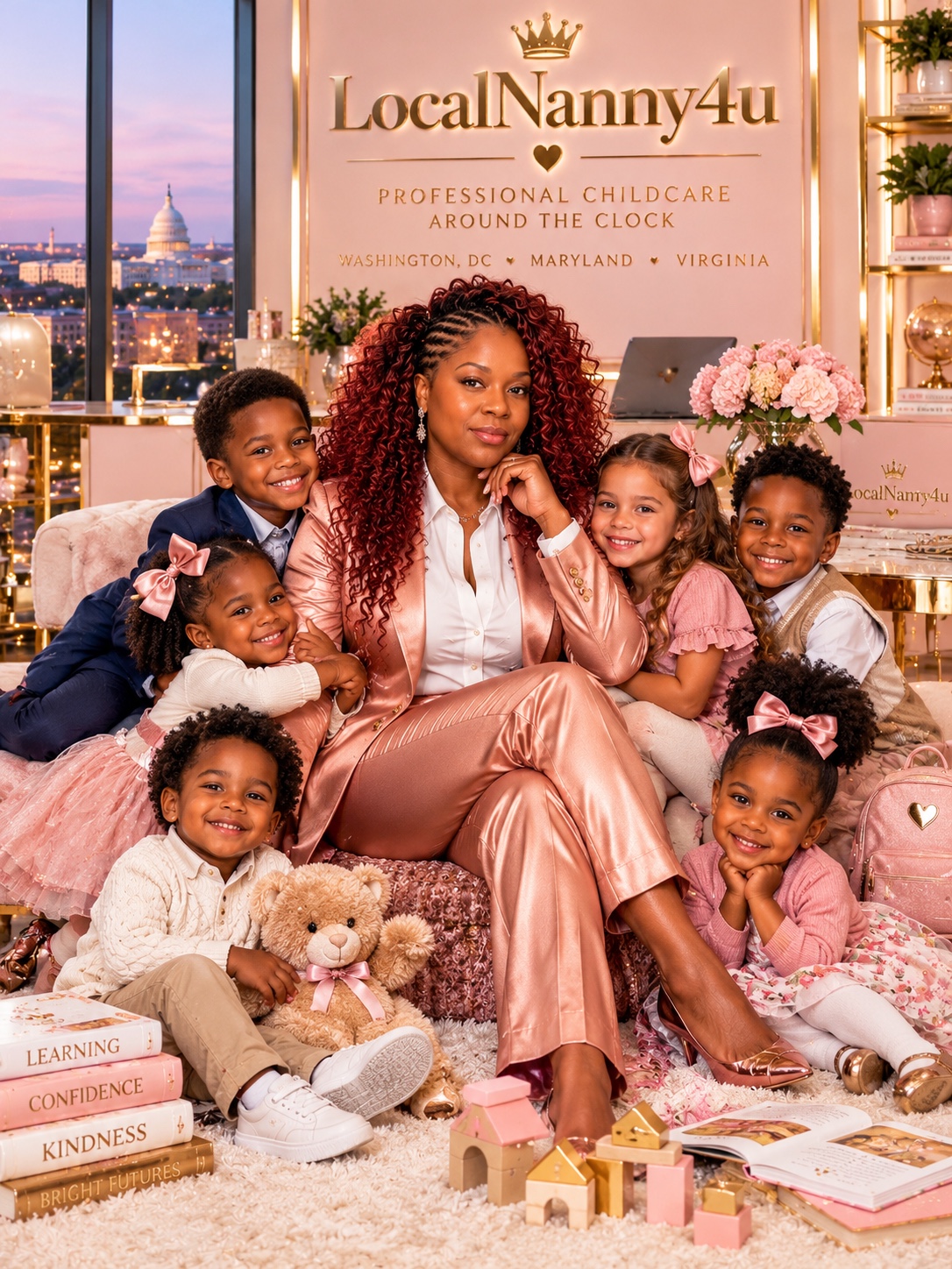 LocalNanny4u owner in a rose-gold business suit surrounded by smiling children